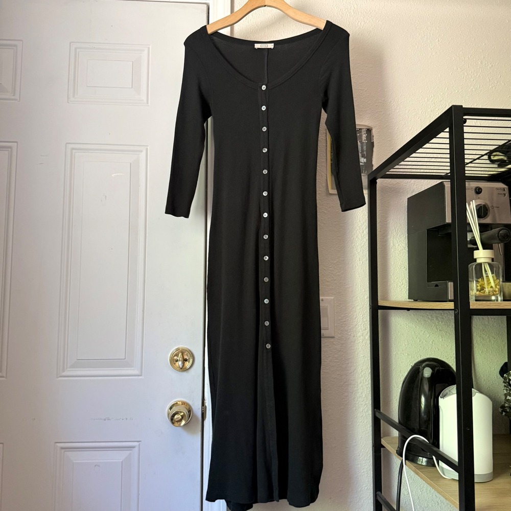 AYR black rib ribbed pima cotton modal button up long sleeve bodycon midi dress